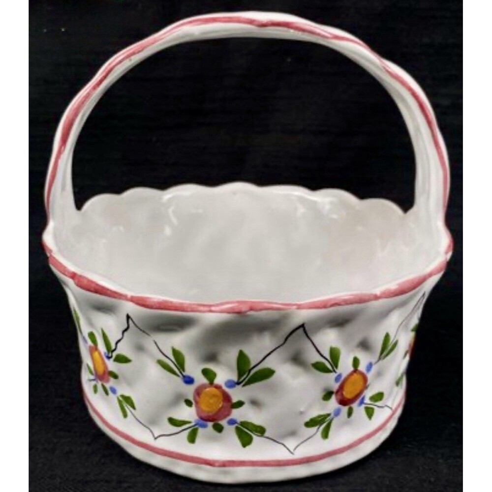 Vintage Casafina Portugal Hand Painted Ceramic Basket Floral Fruit Handle 6"